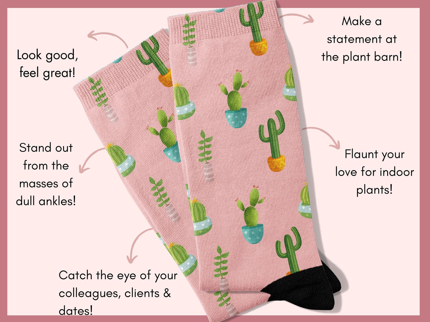 Cute Pink Cactus Socks — Plant Mom Socks — flatlay-benefits
