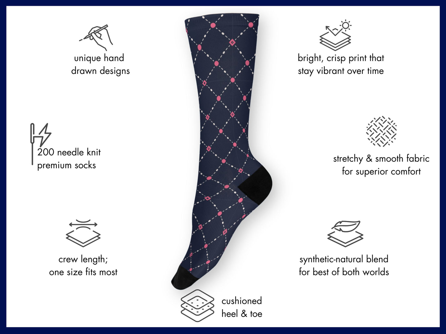 Pink Dot Grid Dress Socks floating mockup with features highlighted