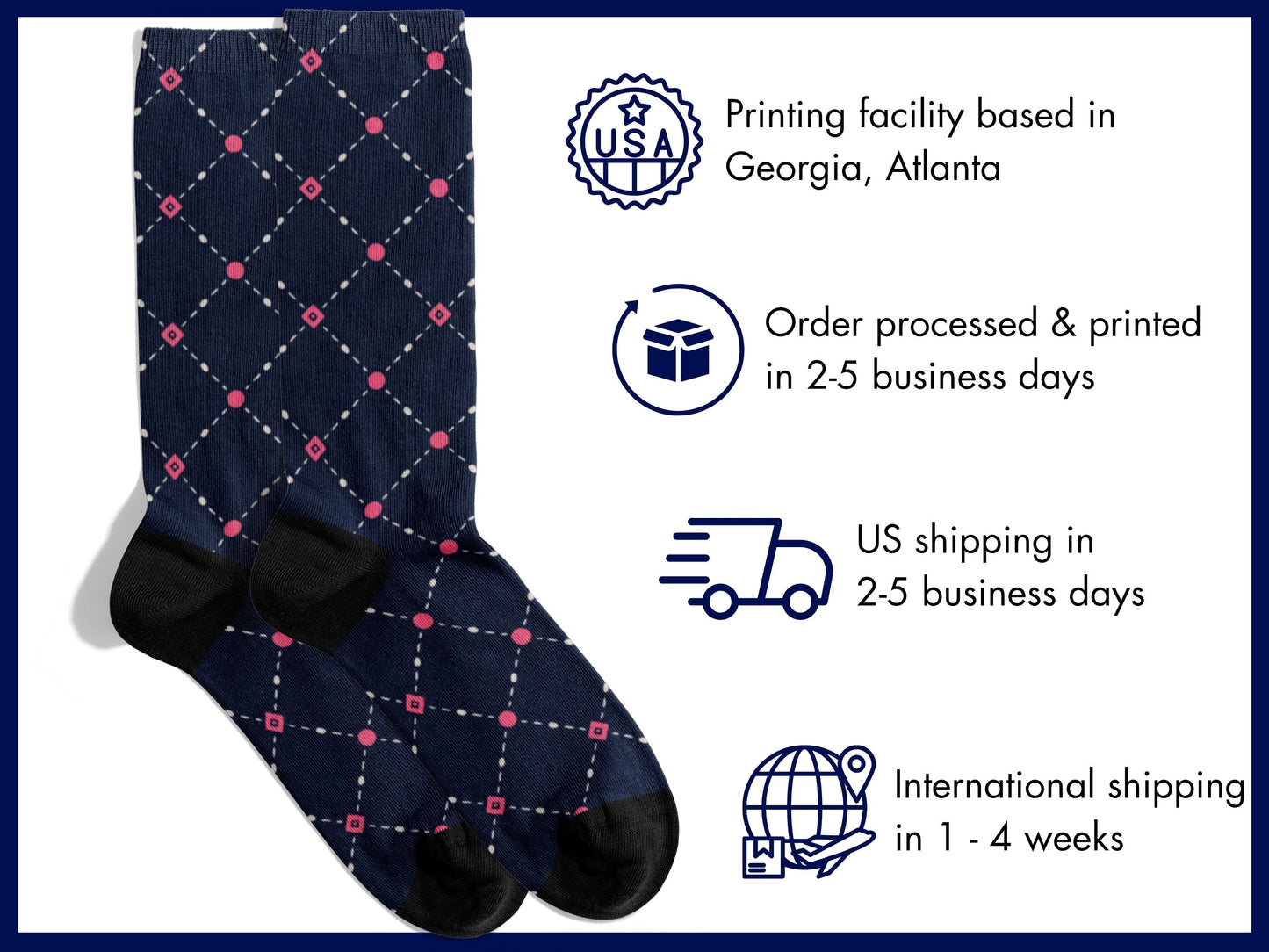 Pink Dot Grid Dress Socks flat lay of socks with shipping details overlay
