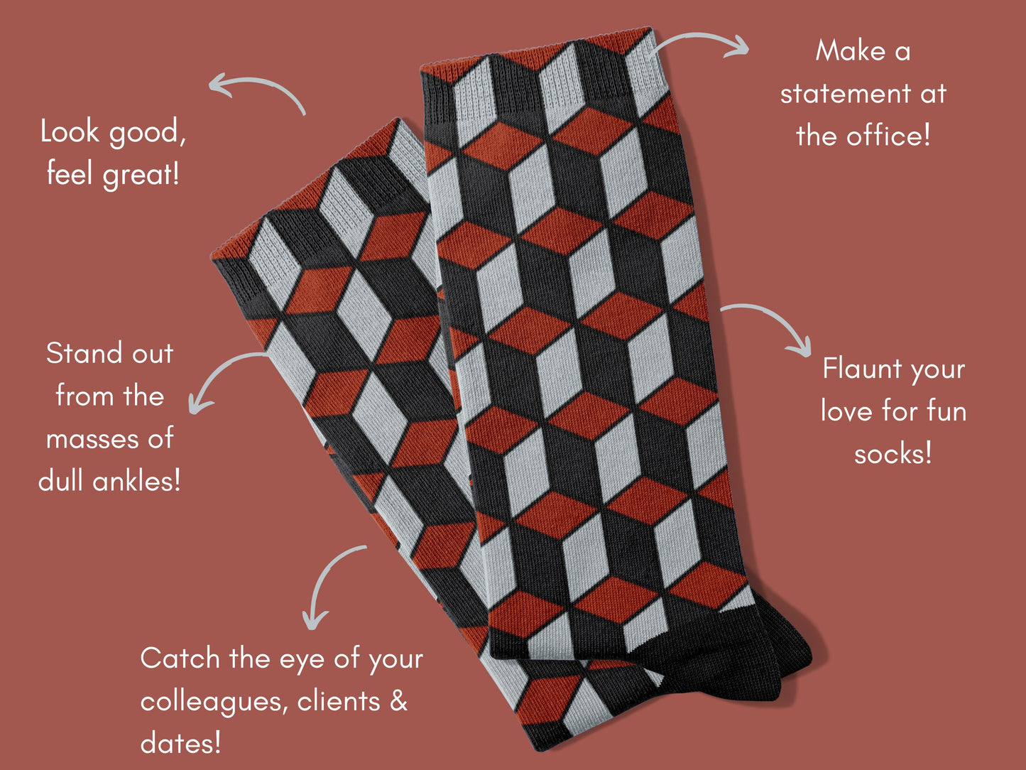Red & Black 3D Cube Dress Socks flat lay of socks with benefits highlighted