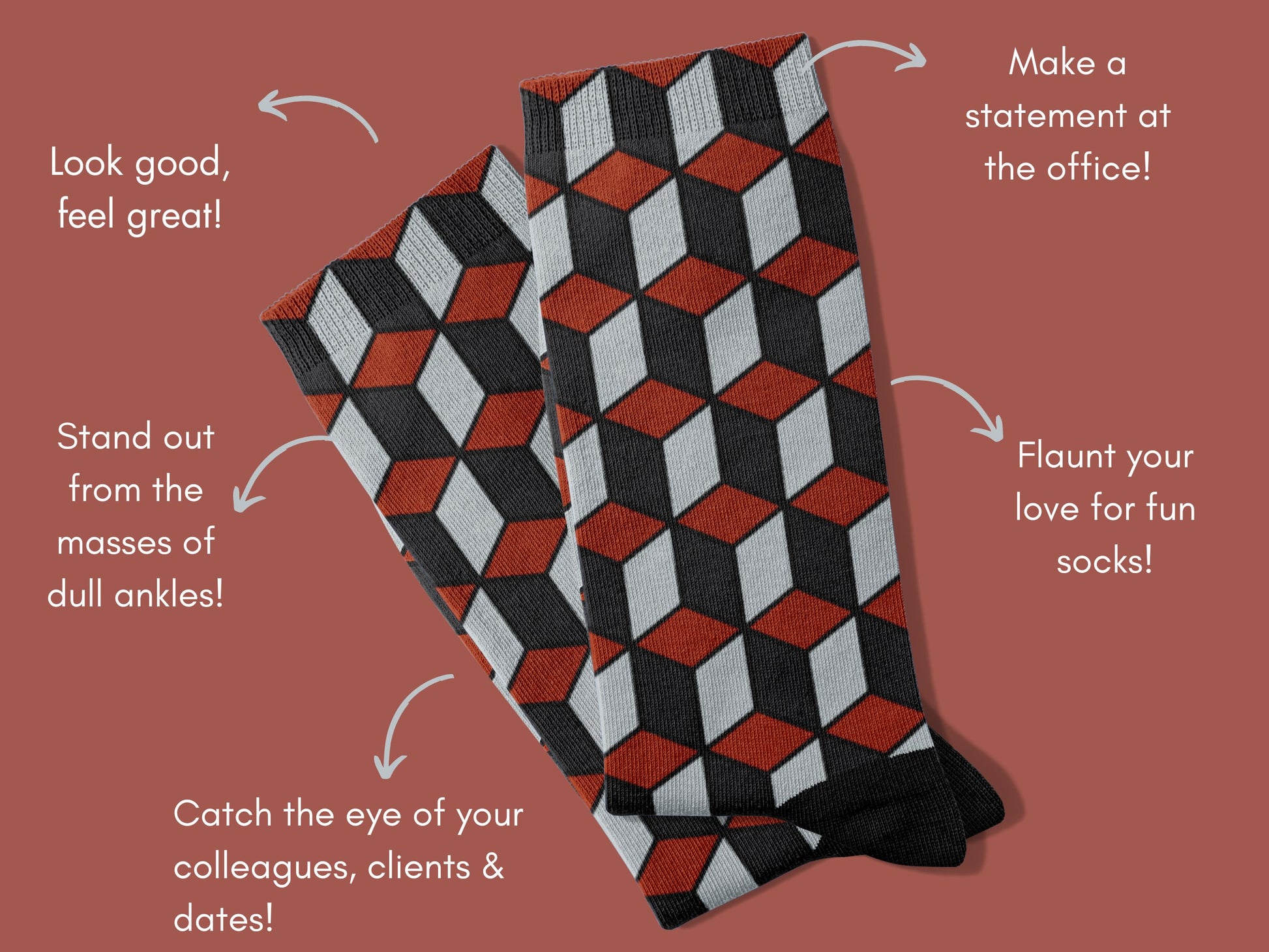 Red & Black 3D Cube Dress Socks flat lay of socks with benefits highlighted