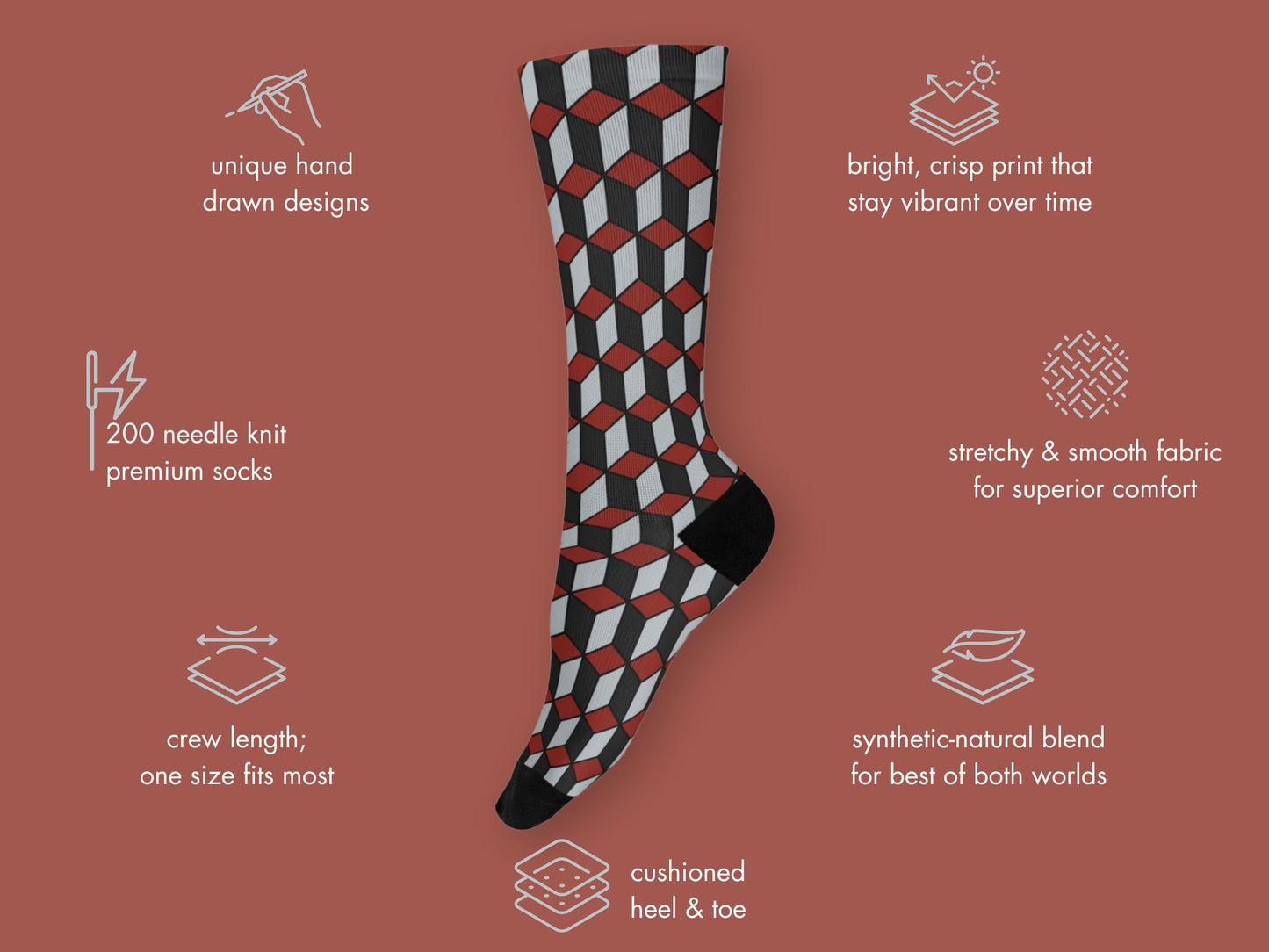 Red & Black 3D Cube Dress Socks floating mockup with features highlighted