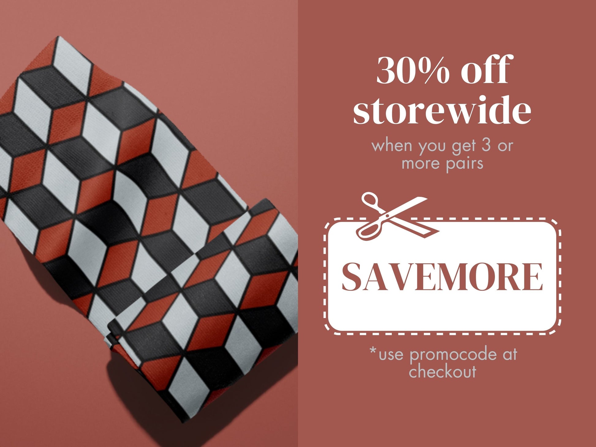 Red & Black 3D Cube Dress Socks promo code offer with socks as background
