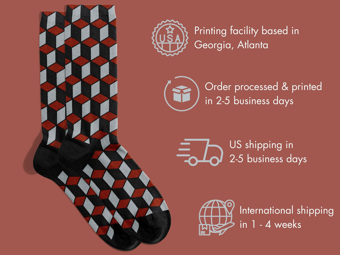 Red & Black 3D Cube Dress Socks flat lay of socks with shipping details overlay