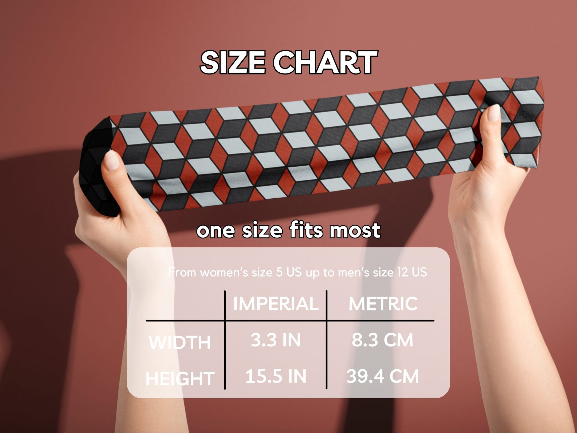 Red & Black 3D Cube Dress Socks hands stretching socks with size chart overlay