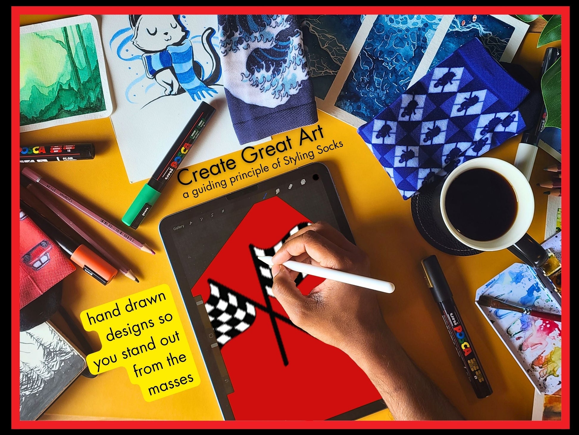 Red Checkered Flag Racing Socks – Men’s Novelty Crew artist hand drawing the sock design on a tablet