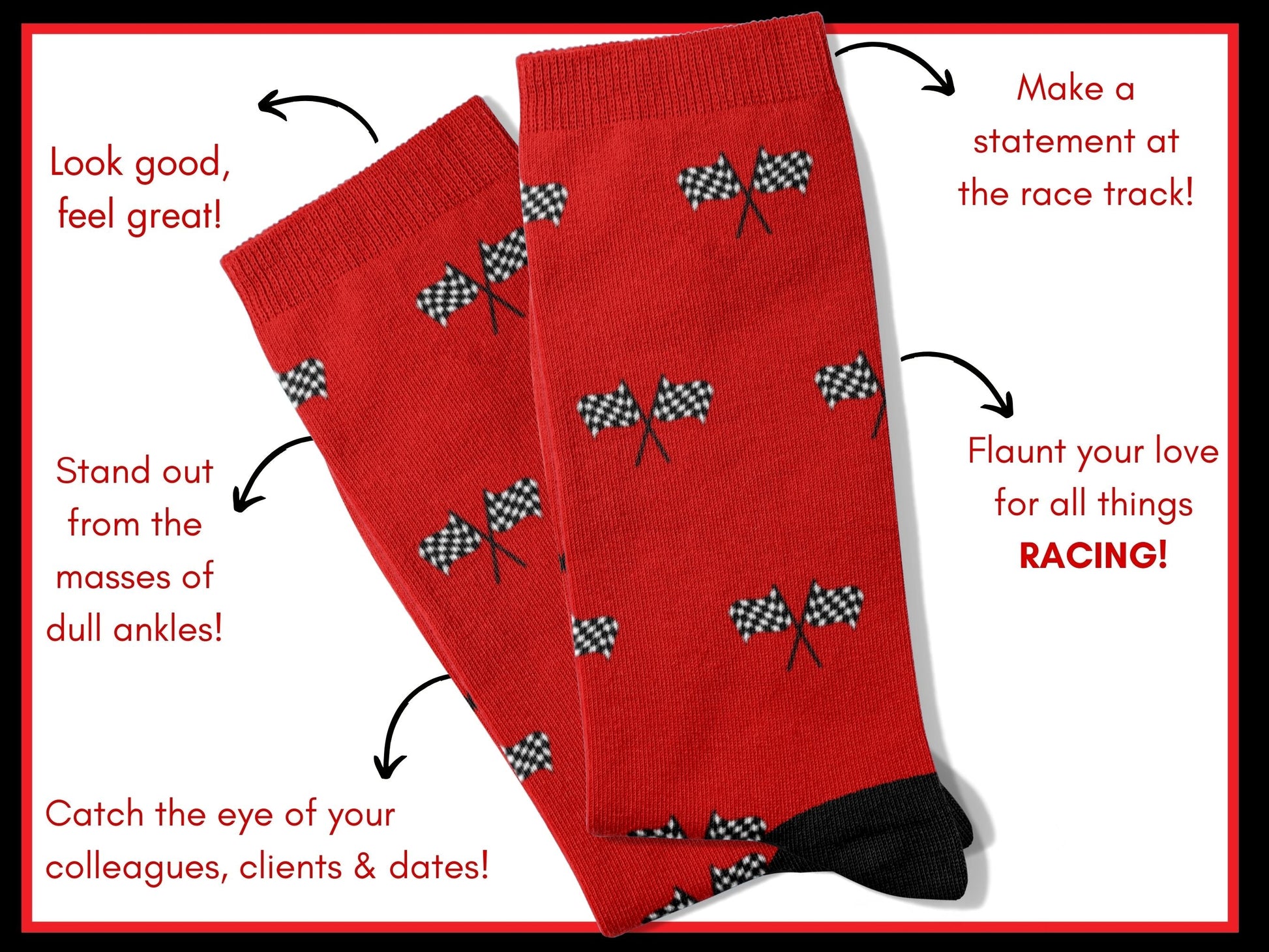 Red Checkered Flag Racing Socks – Men’s Novelty Crew flat lay of socks with benefits highlighted