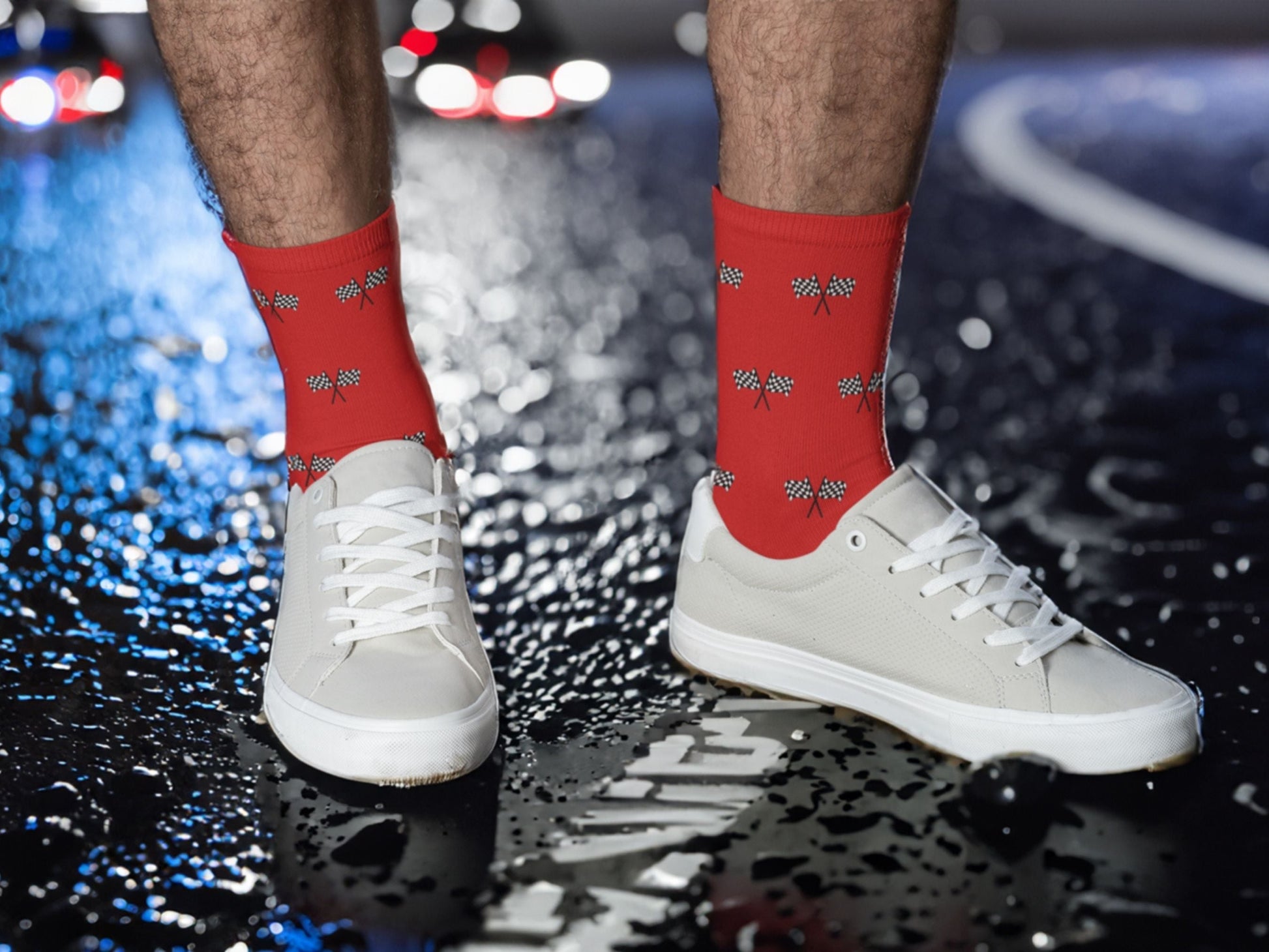 Red Checkered Flag Racing Socks – Men’s Novelty Crew lifestyle vibe shot in a real-life setting
