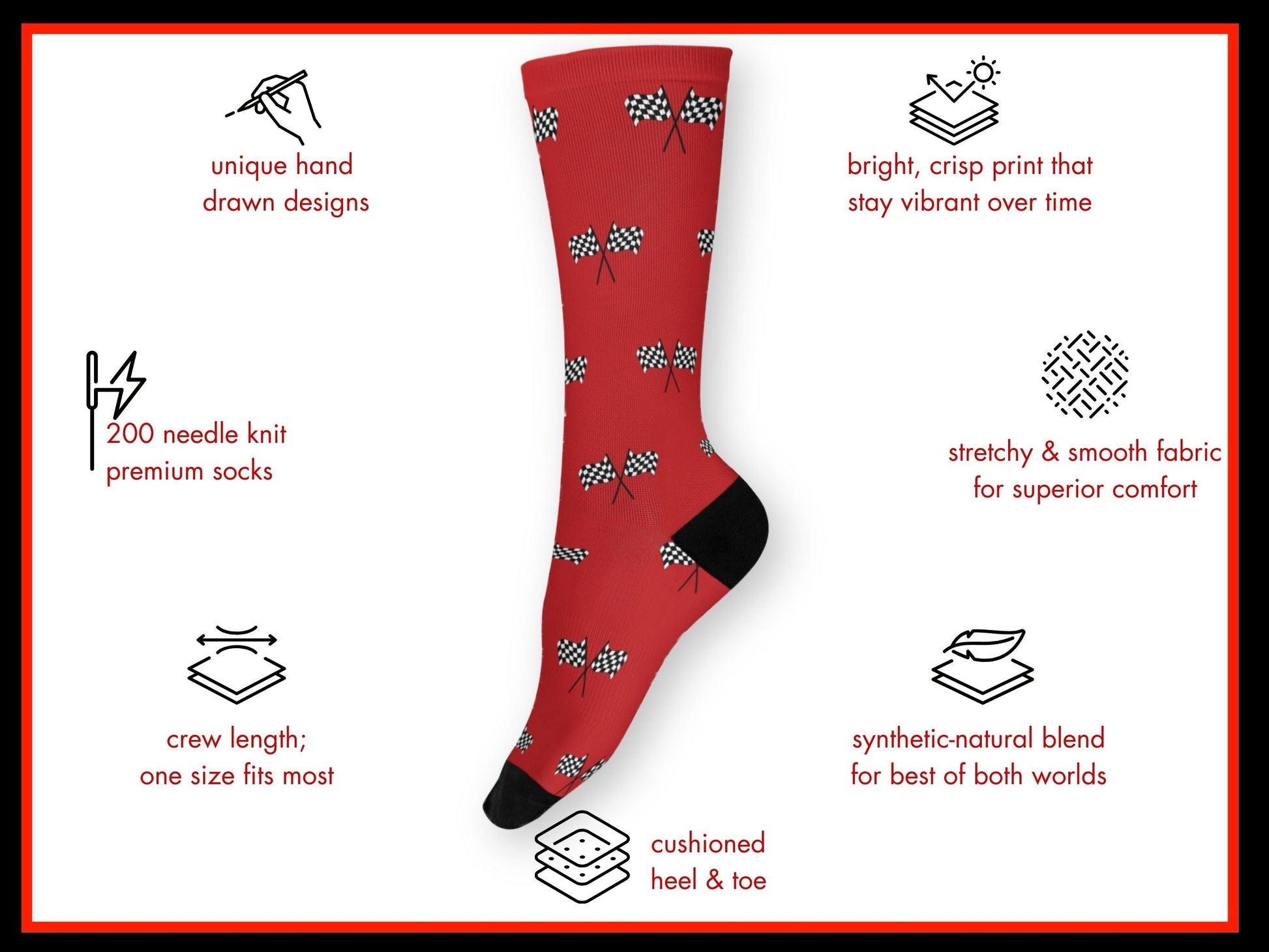 Red Checkered Flag Racing Socks – Men’s Novelty Crew floating mockup with features highlighted