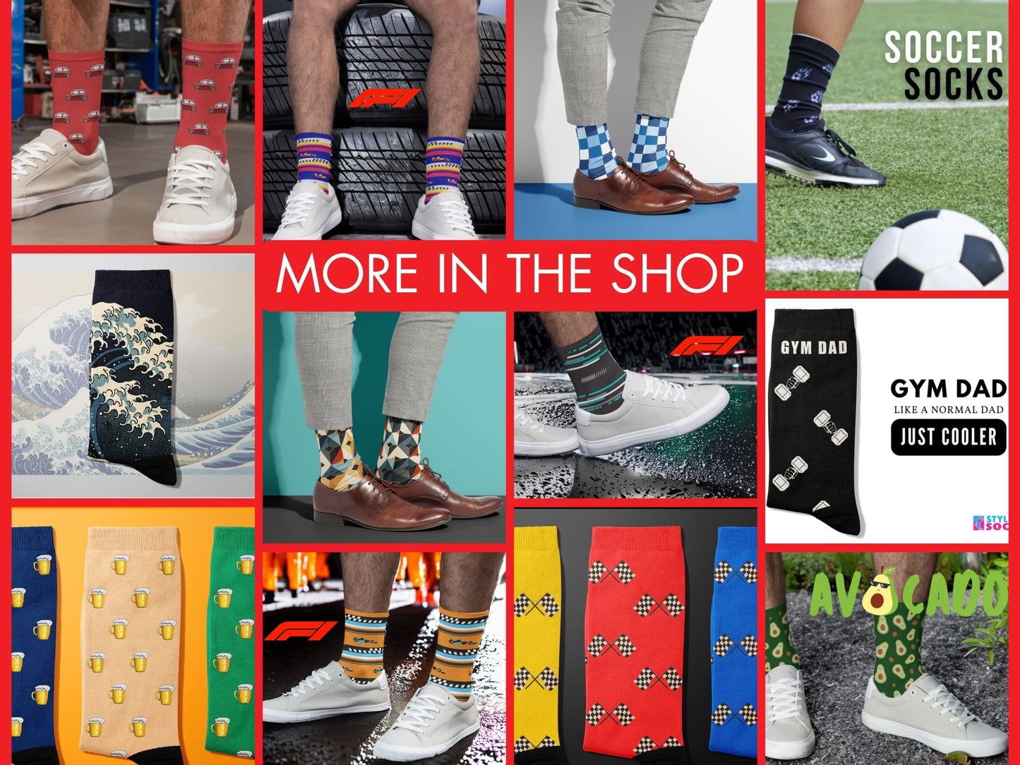 Red Checkered Flag Racing Socks – Men’s Novelty Crew collage of multiple colourful Styling Socks designs