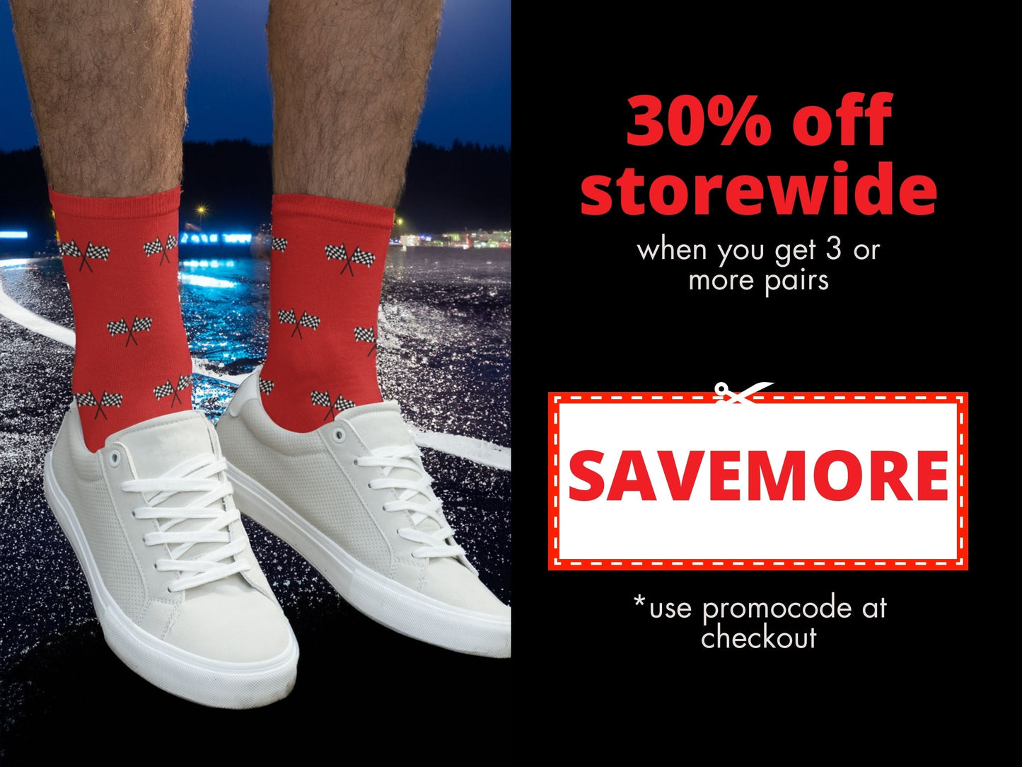 Red Checkered Flag Racing Socks – Men’s Novelty Crew promo code offer with socks as background