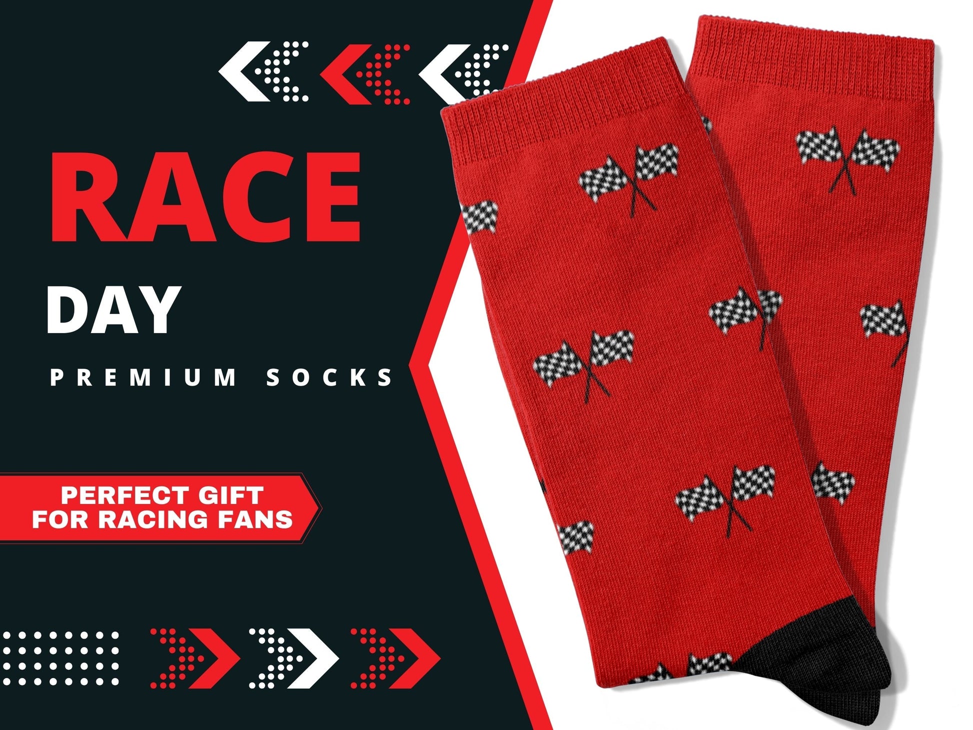 Red Checkered Flag Racing Socks – Men’s Novelty Crew flatlay with Text "Race Day Premium Socks"