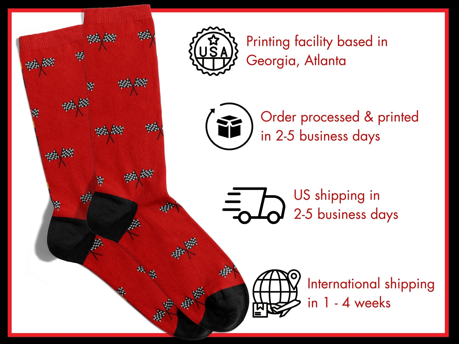 Red Checkered Flag Racing Socks – Men’s Novelty Crew flat lay of socks with shipping details overlay