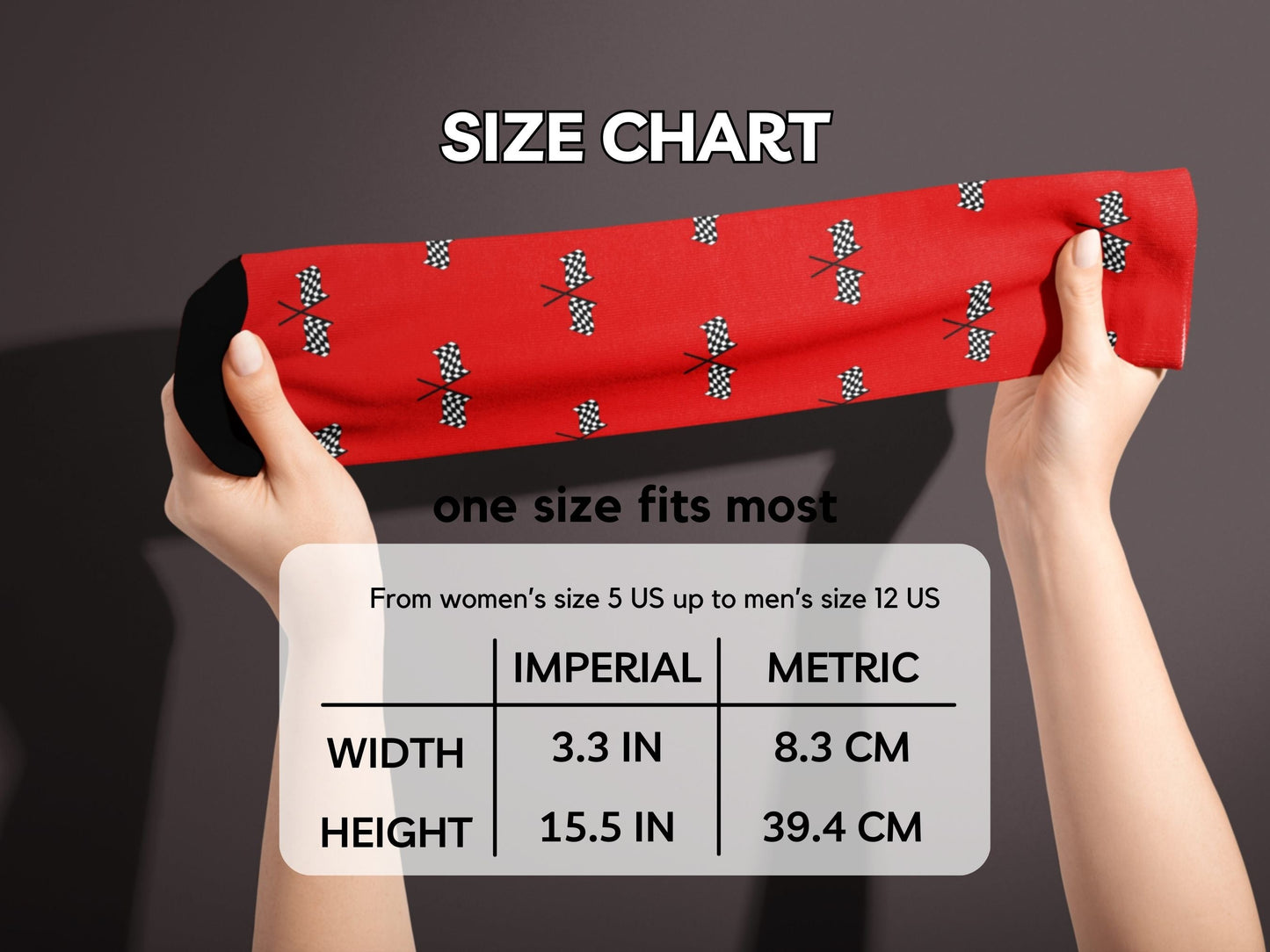Red Checkered Flag Racing Socks – Men’s Novelty Crew hands stretching socks with size chart overlay