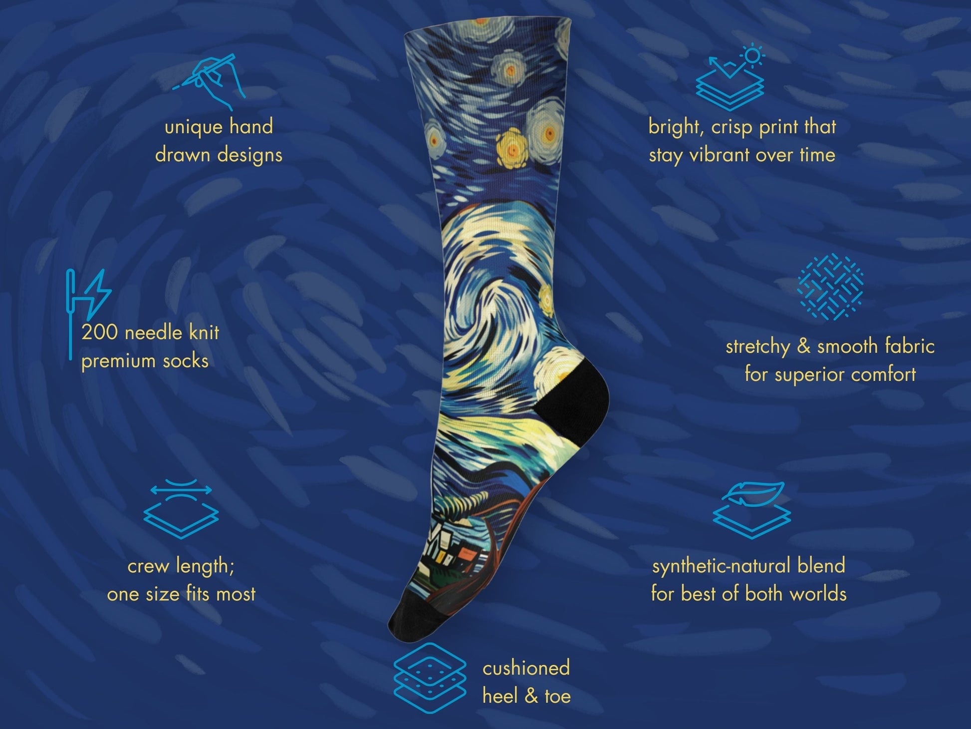 Starry Night Art Socks floating mockup with features highlighted