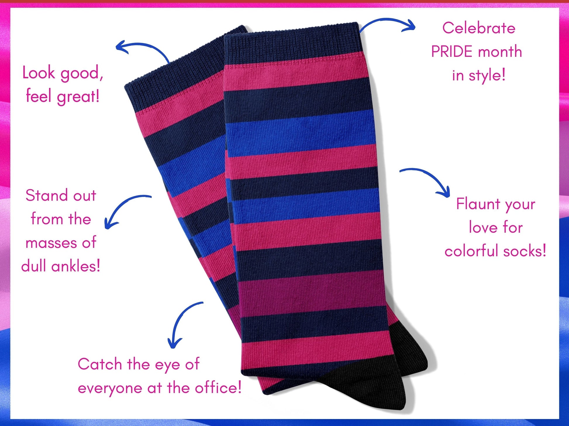Striped Bisexual Pride Socks — Subtle Dress Socks — flatlay-benefits