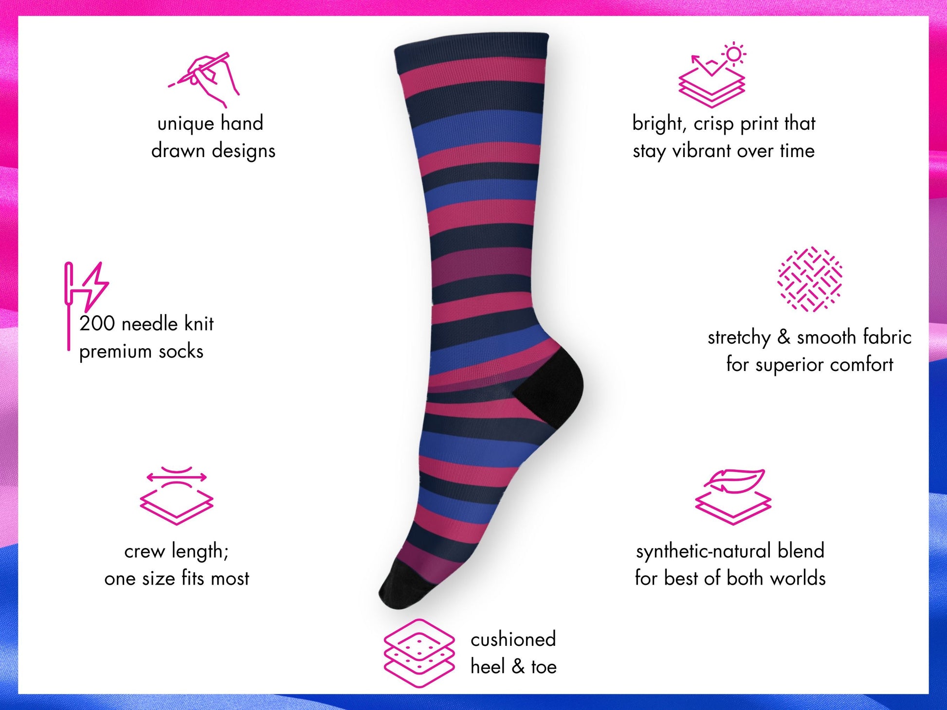 Striped Bisexual Pride Socks — Subtle Dress Socks — mockup