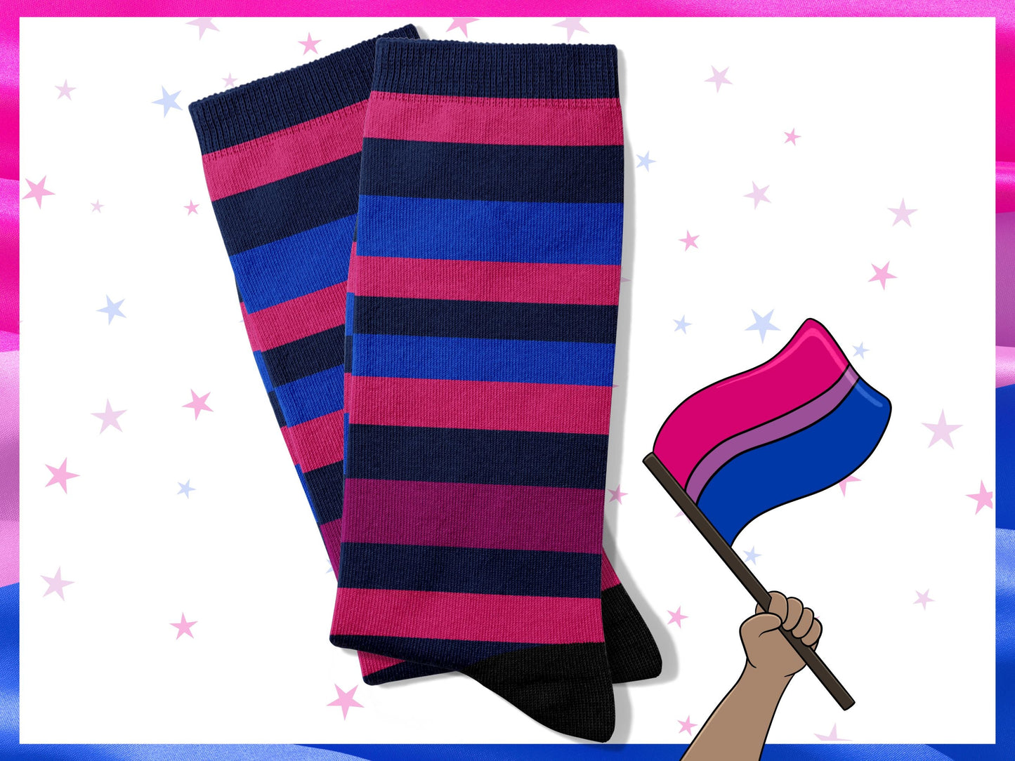 Striped Bisexual Pride Socks — Subtle Dress Socks — on-model