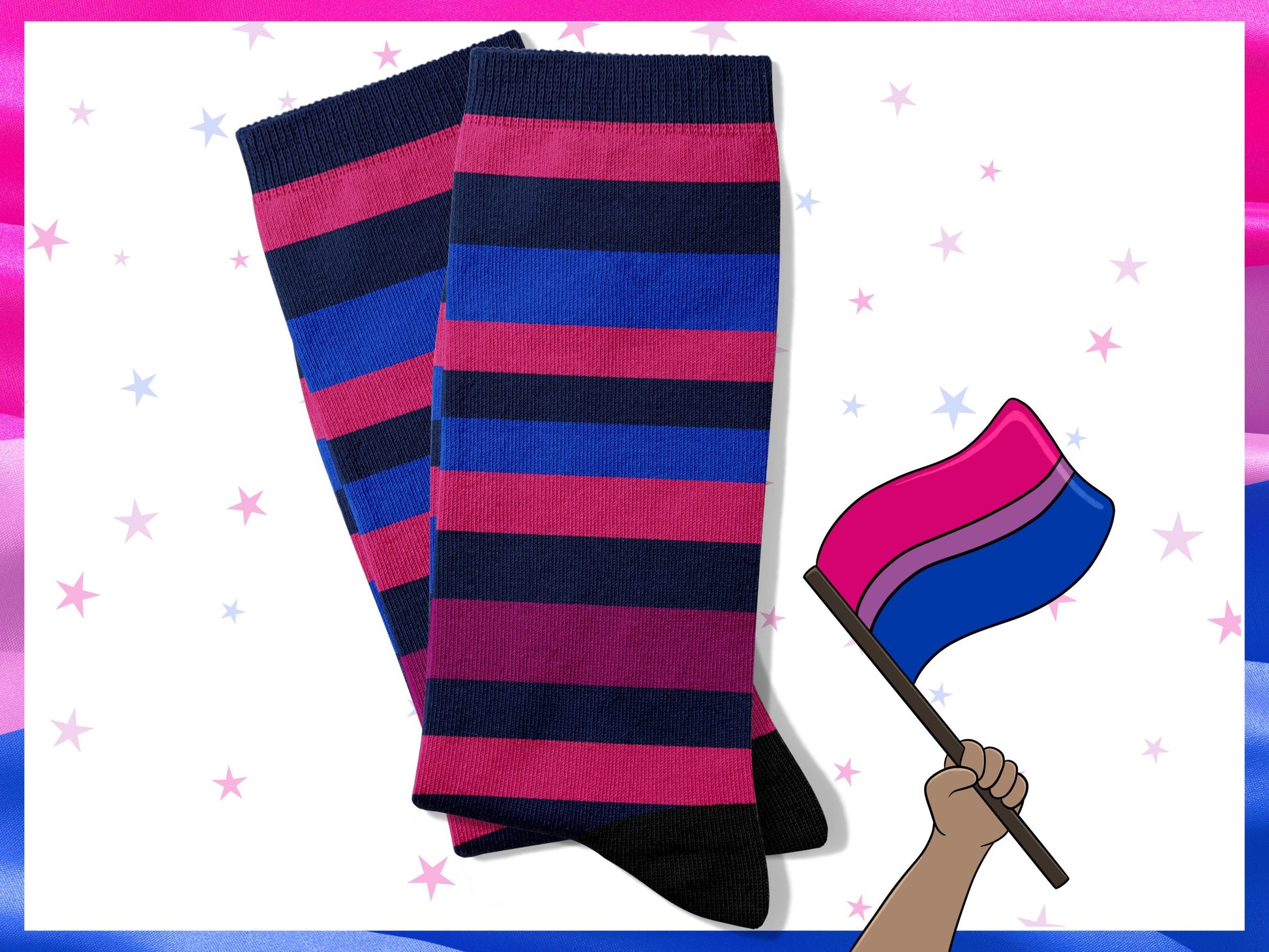 Striped Bisexual Pride Socks — Subtle Dress Socks — on-model