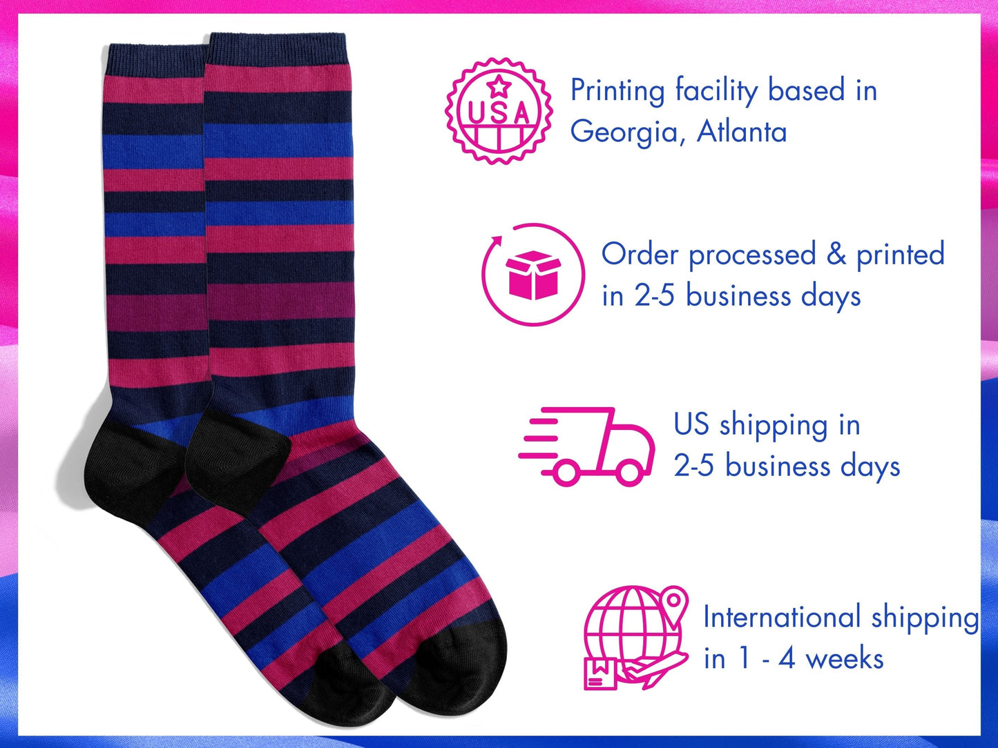 Striped Bisexual Pride Socks — Subtle Dress Socks — shipping-info