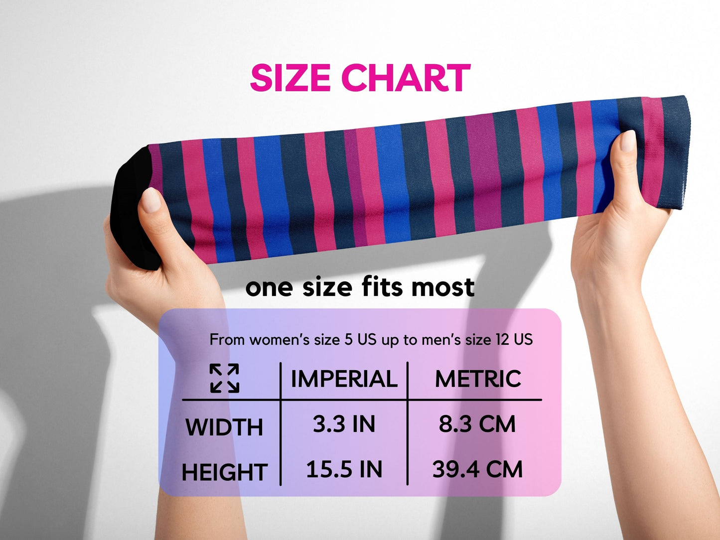 Striped Bisexual Pride Socks — Subtle Dress Socks — size-chart