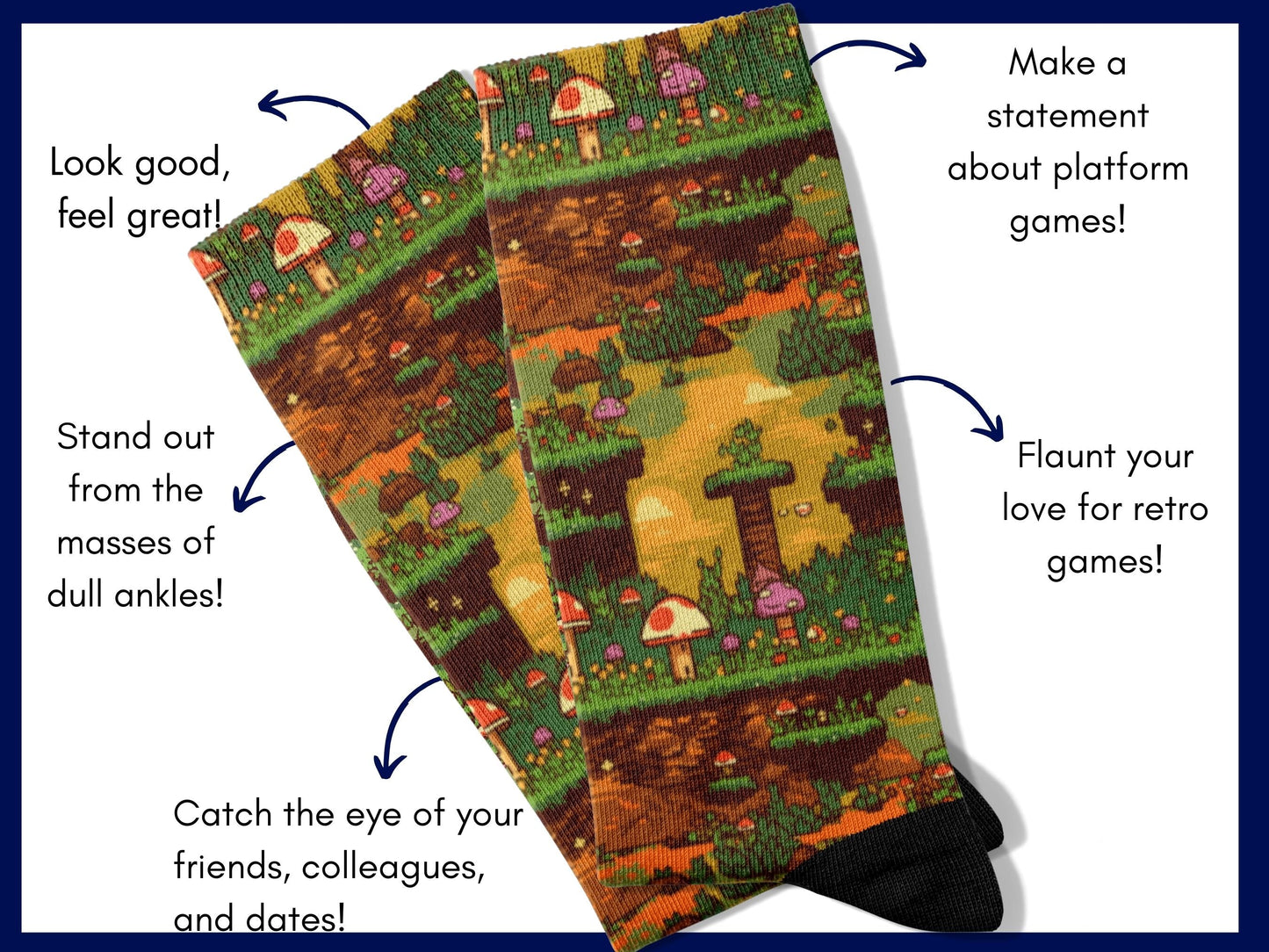 Super Mario 8-Bit Socks — Retro Gaming Socks — flatlay-benefits