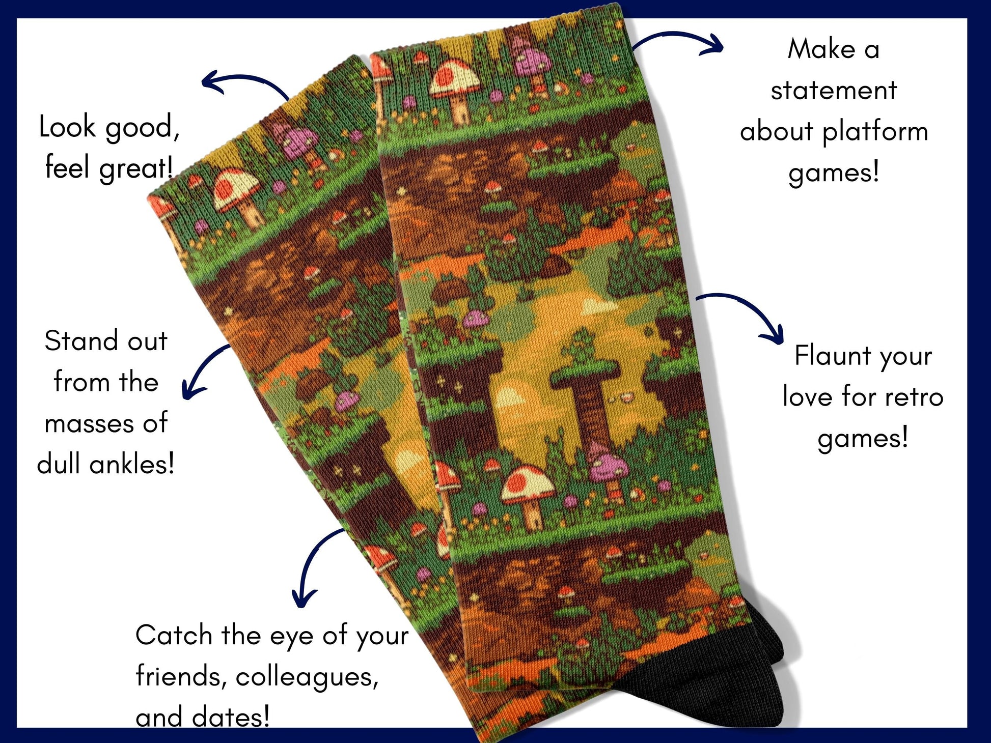 Super Mario 8-Bit Socks — Retro Gaming Socks — flatlay-benefits