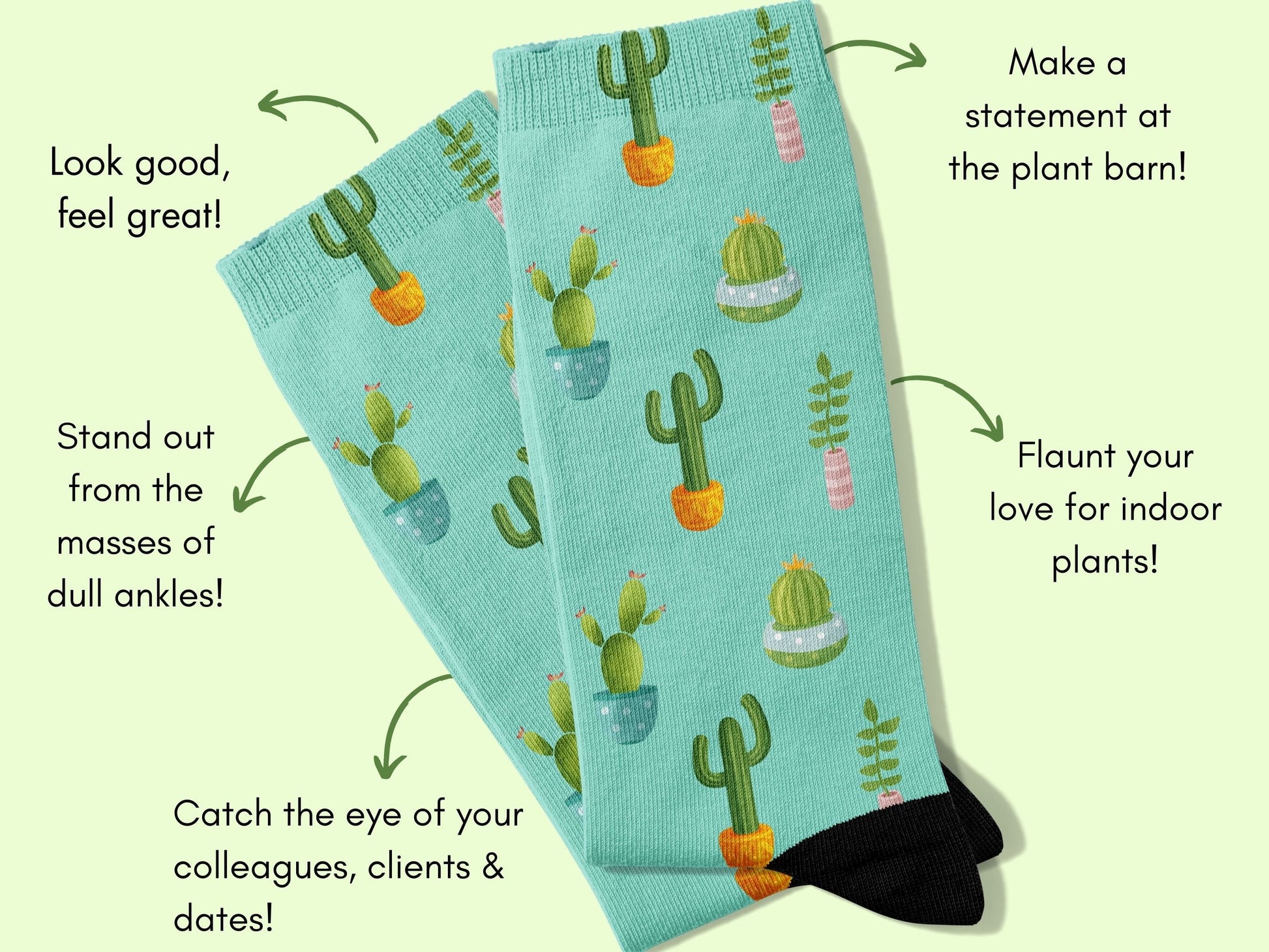 Turquoise Cactus Socks — Plant Mom Socks — flatlay-benefits