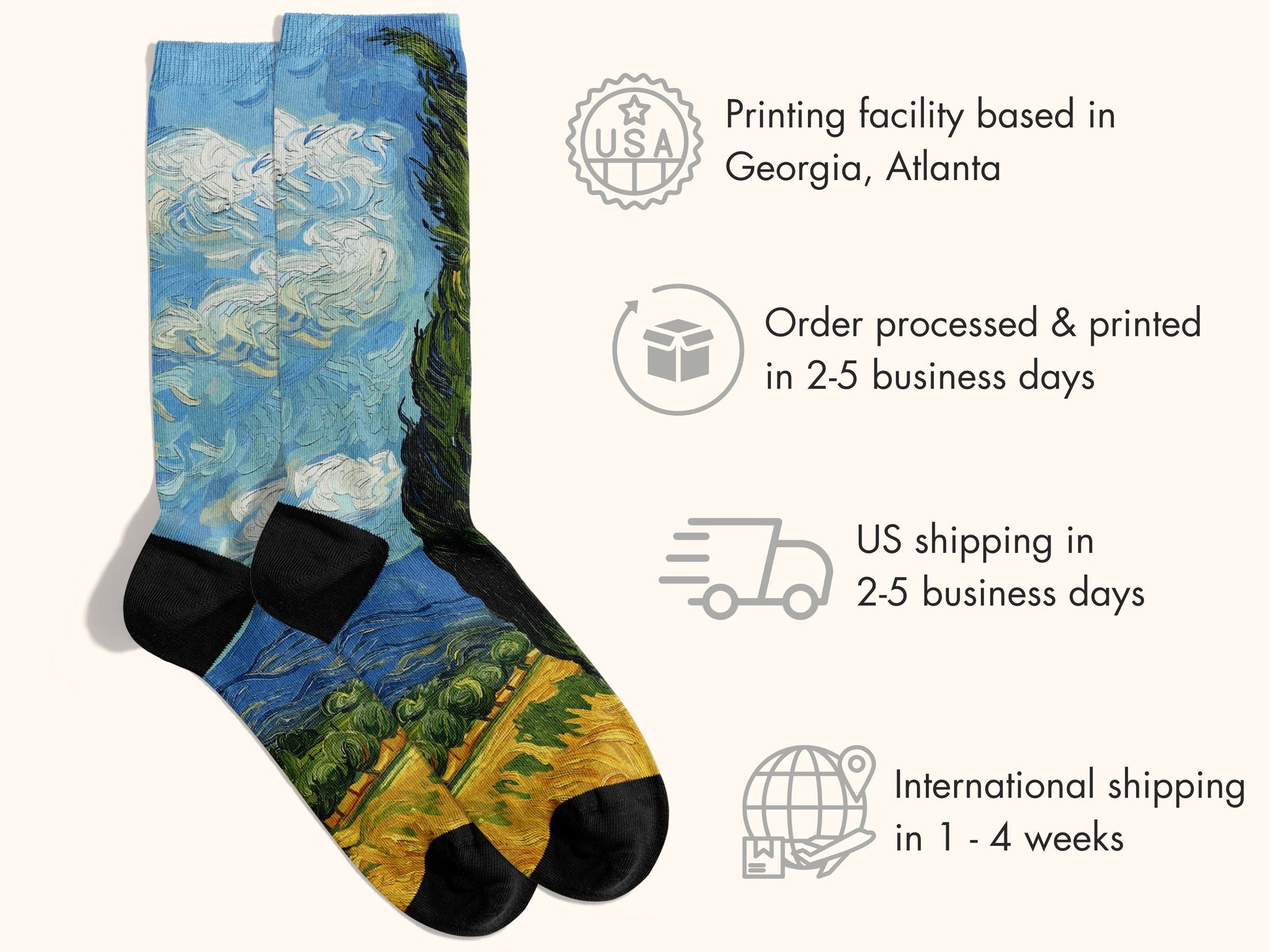 Van Gogh Cypresses Art Socks flat lay of socks with shipping details overlay