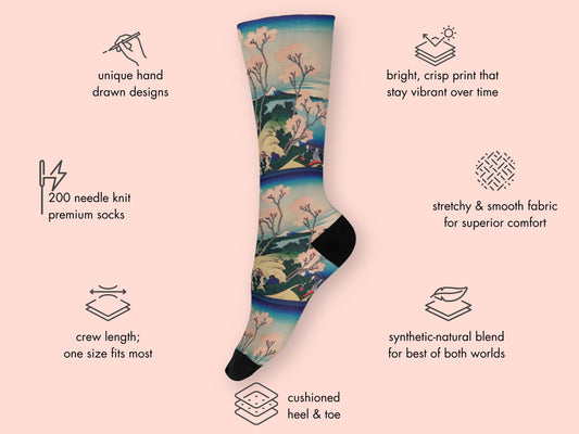 Vintage Japanese Art Socks – Cherry Blossoms by Hokusai floating mockup with features highlighted