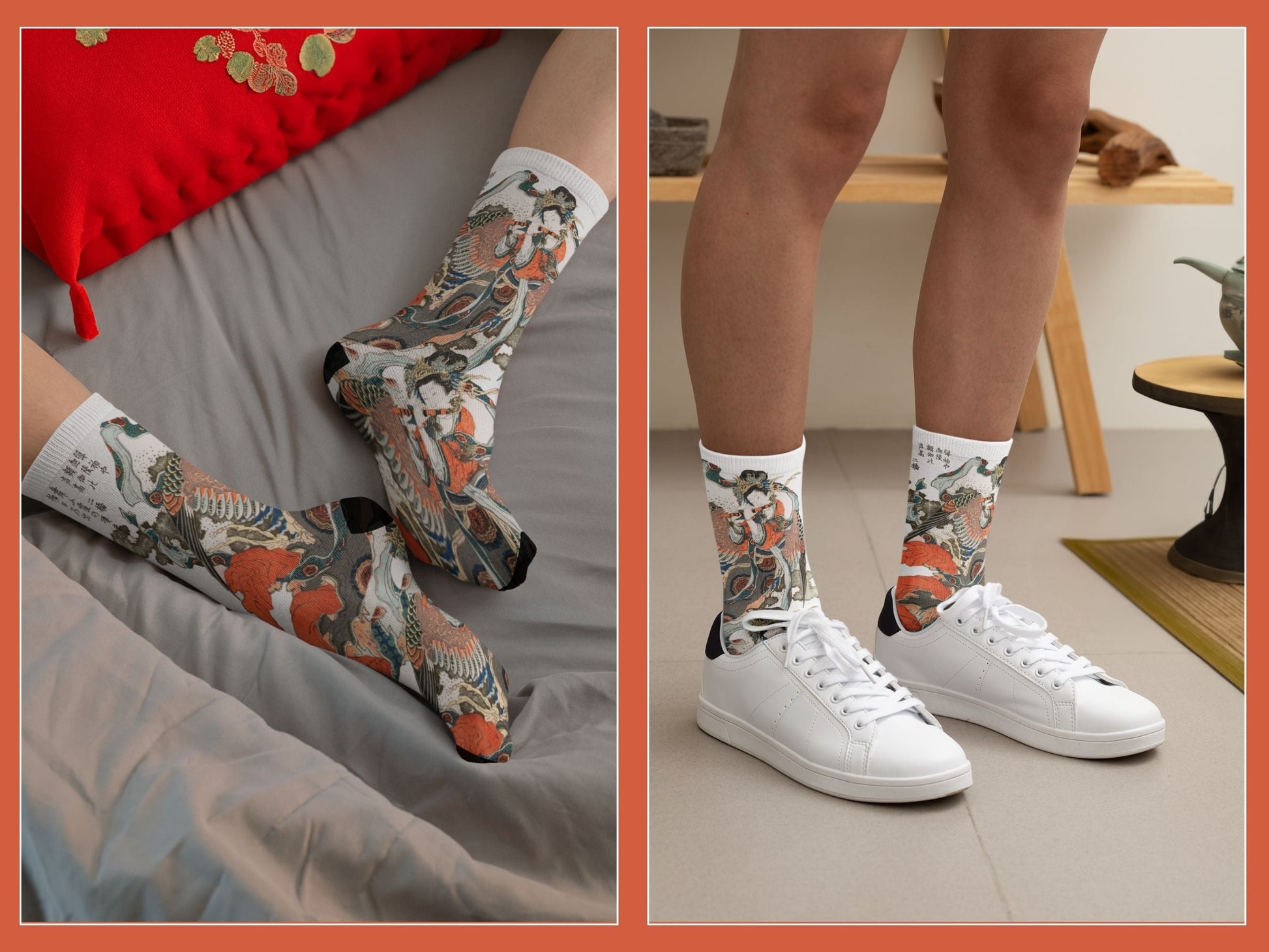 Vintage Japanese Art Socks – by Hokusai lifestyle vibe shot in a real-life setting