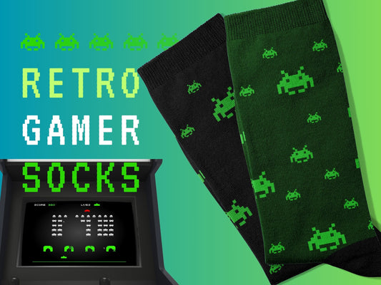 80s Gamer Socks - Alien Retro Gaming Socks - flatlay with arcade game in the background