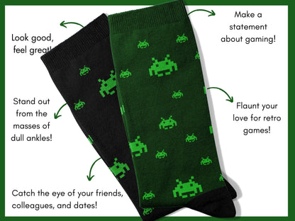 80s Gamer Socks - Alien Retro Gaming Socks - flatlay-benefits