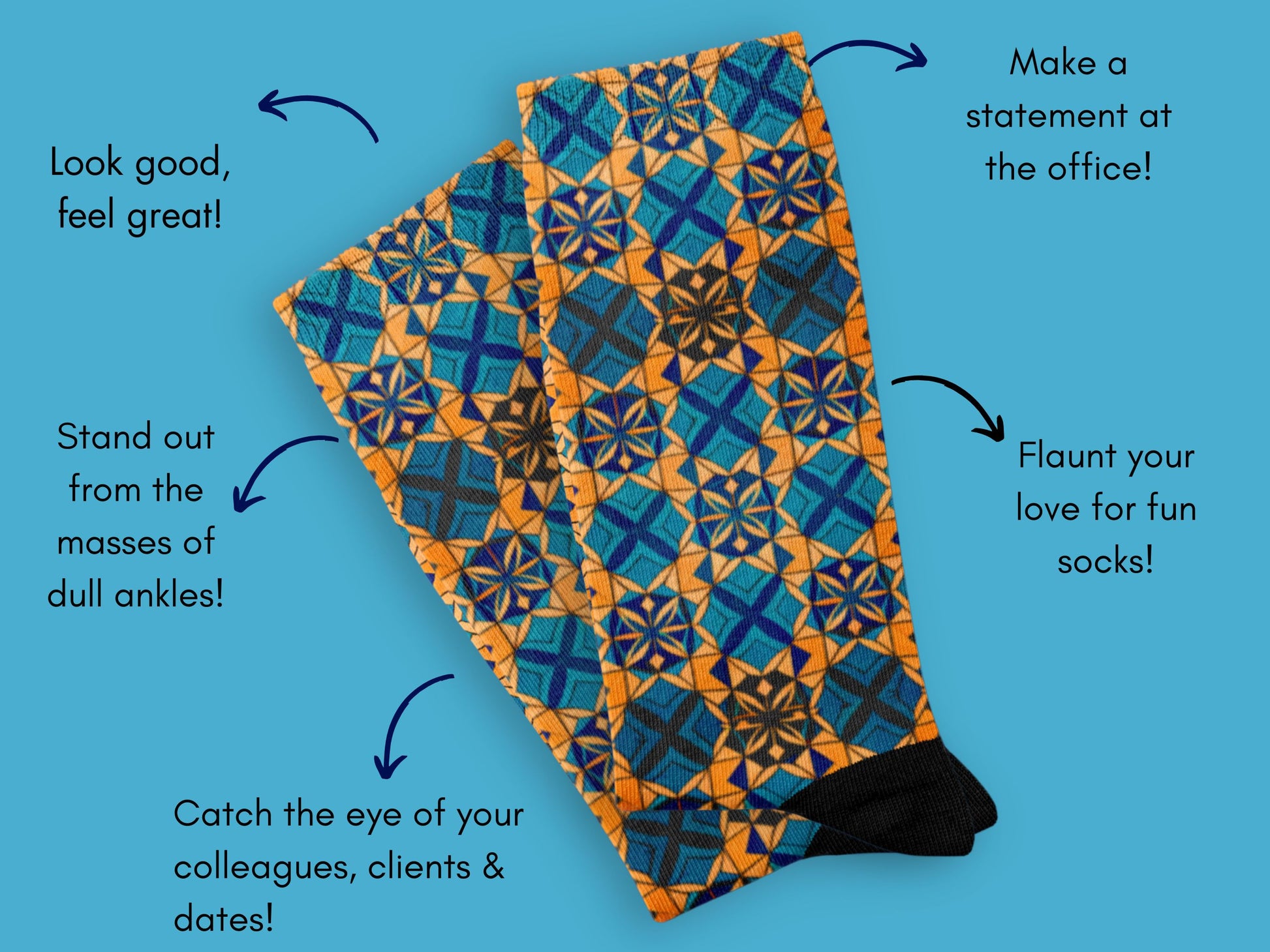 Abstract Art Socks flat lay of socks with benefits highlighted