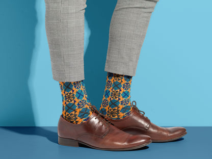 Abstract Art Socks styled with dress shoes in a lifestyle shot