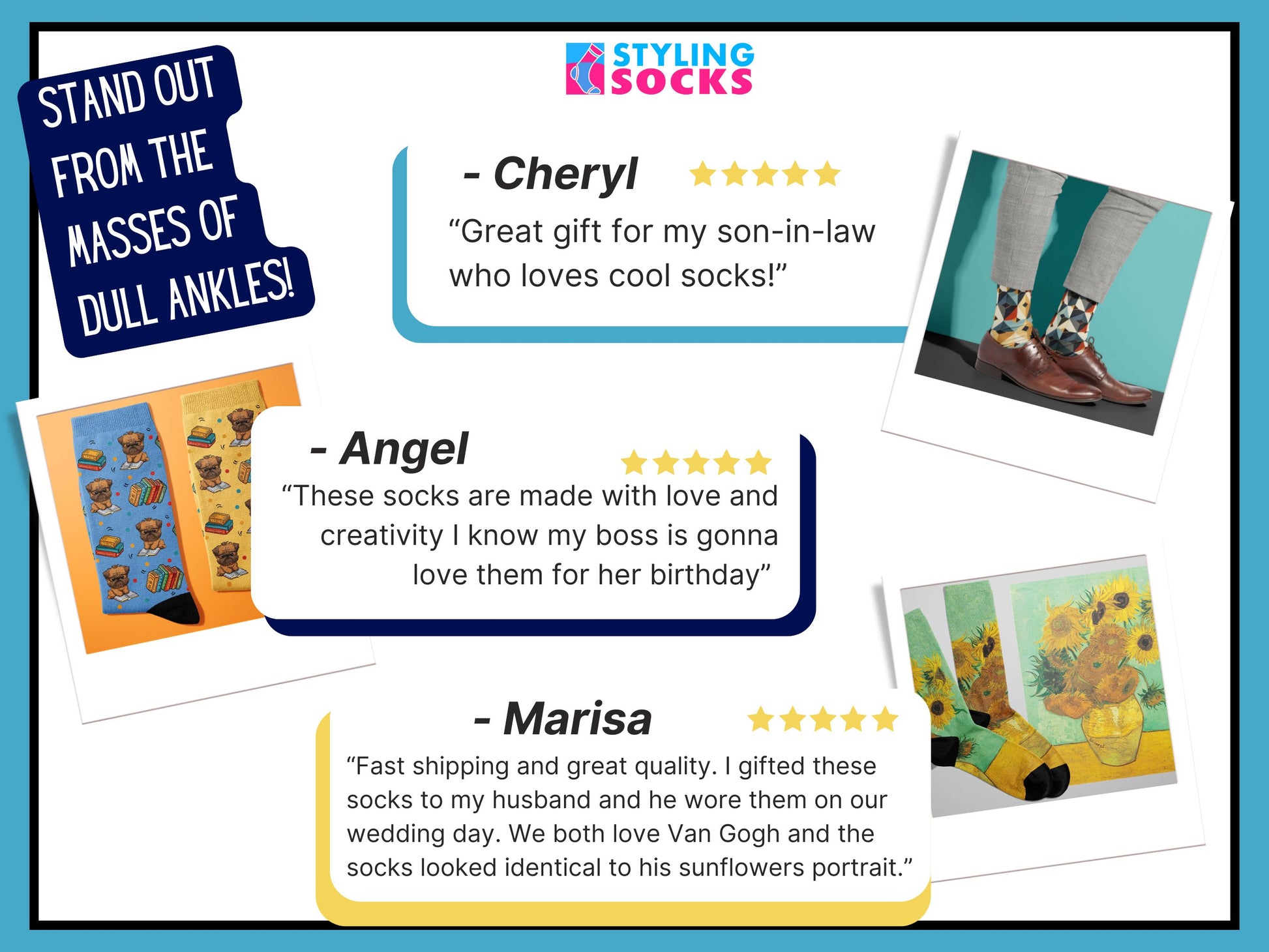 Abstract Art Socks customer review collage showcasing Styling Socks testimonials