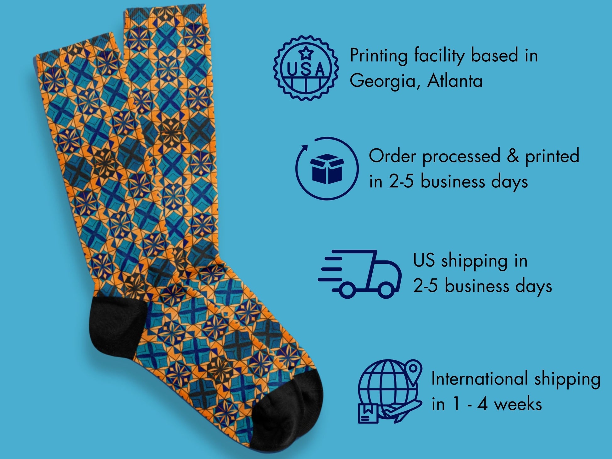Abstract Art Socks flat lay of socks with shipping details overlay