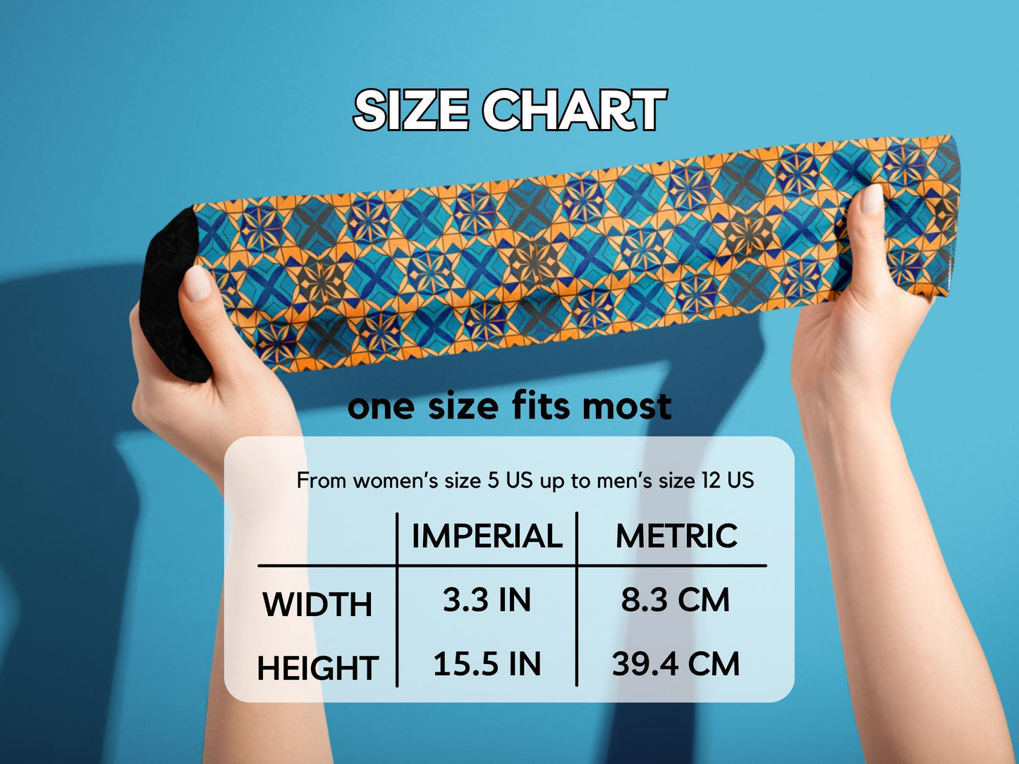 Abstract Art Socks hands stretching socks with size chart overlay
