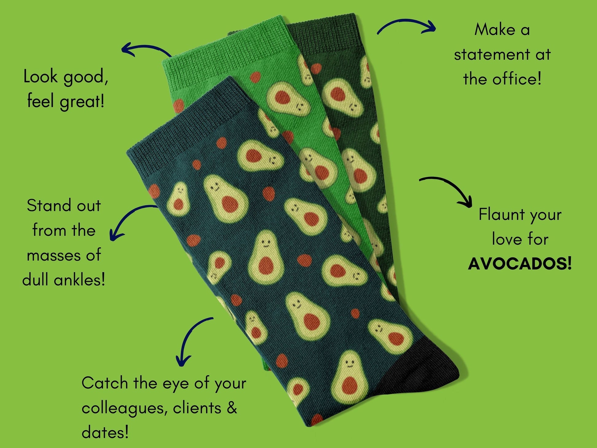 Avocado Crew Socks - Fun Green Food Socks for Men - flatlay-benefits
