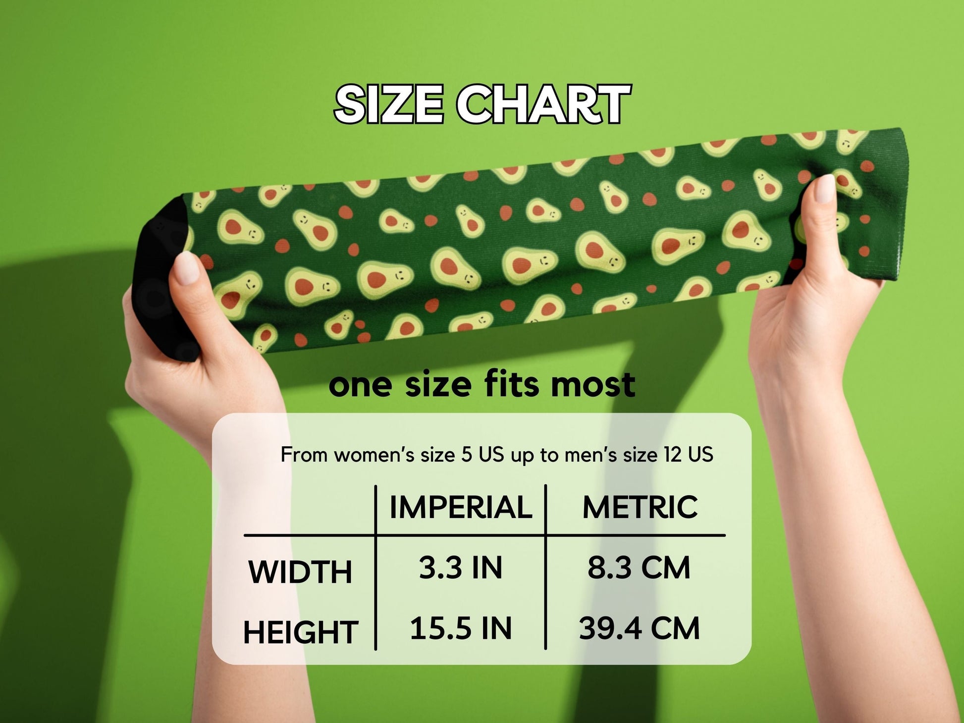 Avocado Crew Socks - Fun Green Food Socks for Men - size-chart