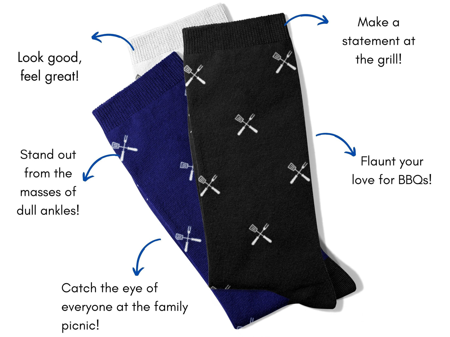 BBQ Grill Master Socks – Father’s Day Novelty Crew flat lay of socks with benefits highlighted