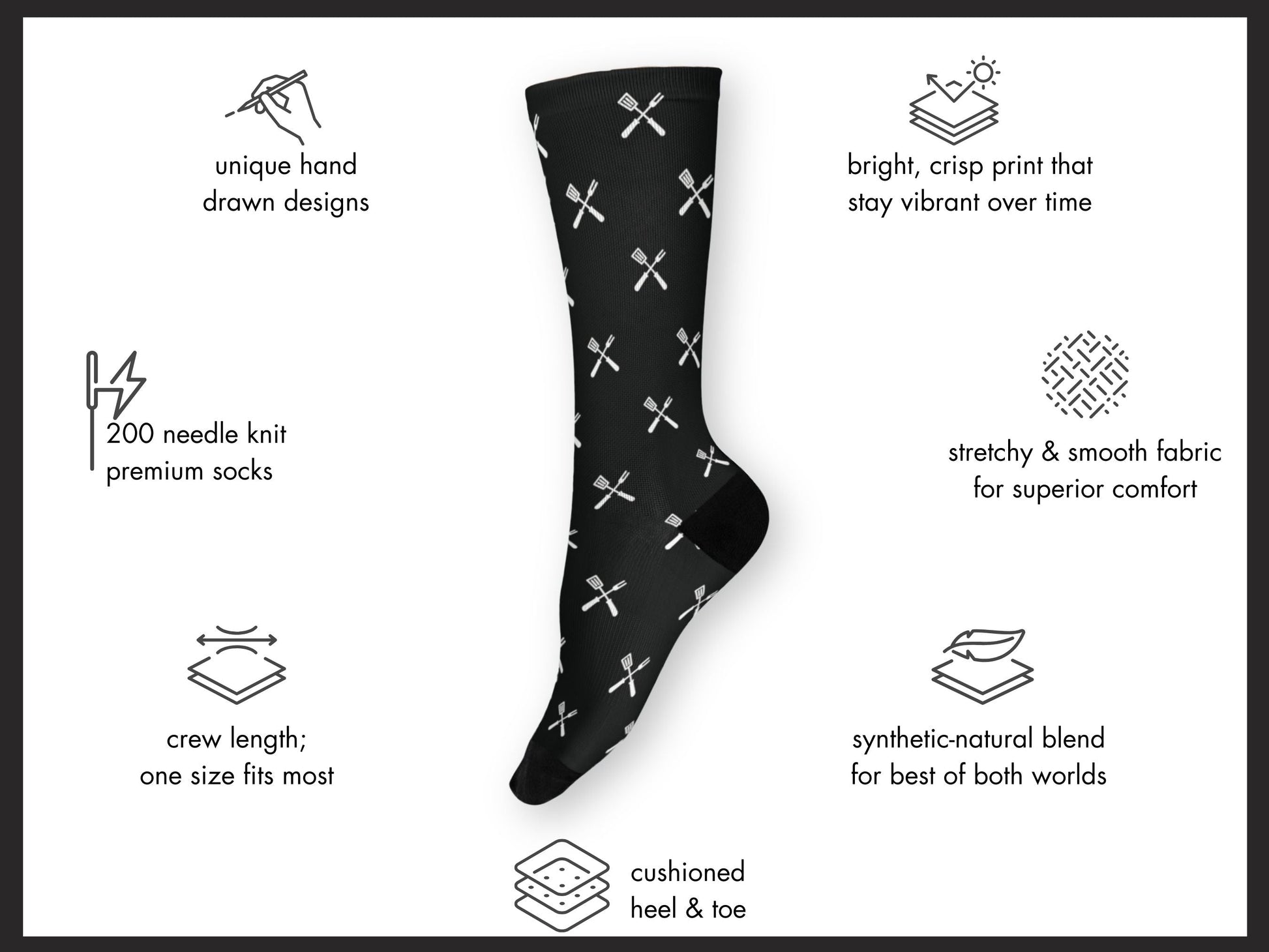 BBQ Grill Master Socks – Father’s Day Novelty Crew floating mockup with features highlighted