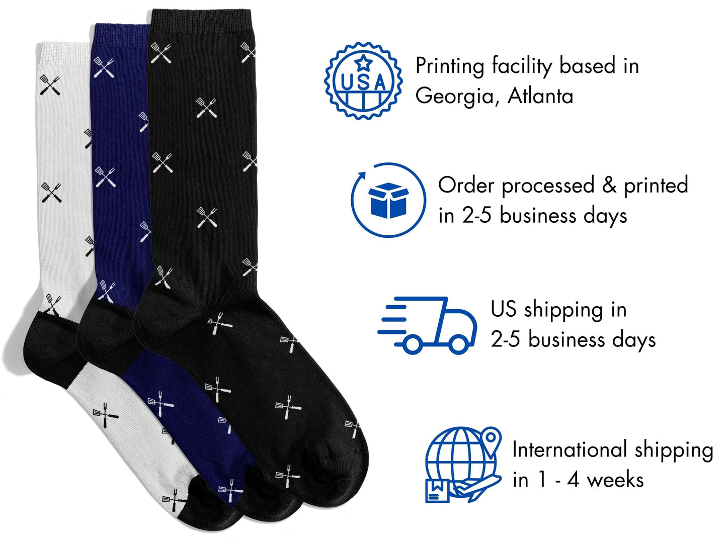BBQ Grill Master Socks – Father’s Day Novelty Crew flat lay of socks with shipping details overlay