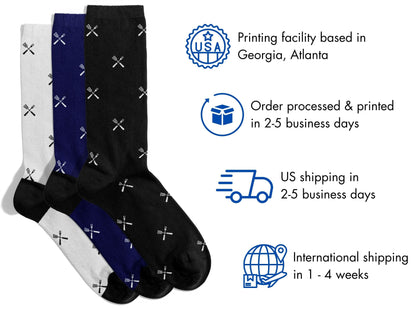 BBQ Grill Master Socks – Father’s Day Novelty Crew flat lay of socks with shipping details overlay