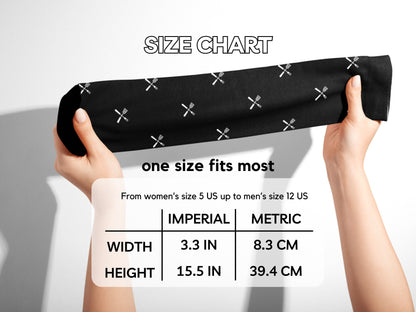 BBQ Grill Master Socks – Father’s Day Novelty Crew hands stretching socks with size chart overlay