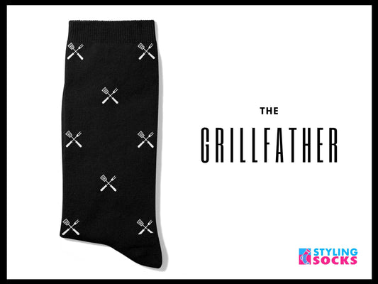 BBQ Grill Master Socks – Father’s Day Novelty Crew styled next to the text "The GrillFather"