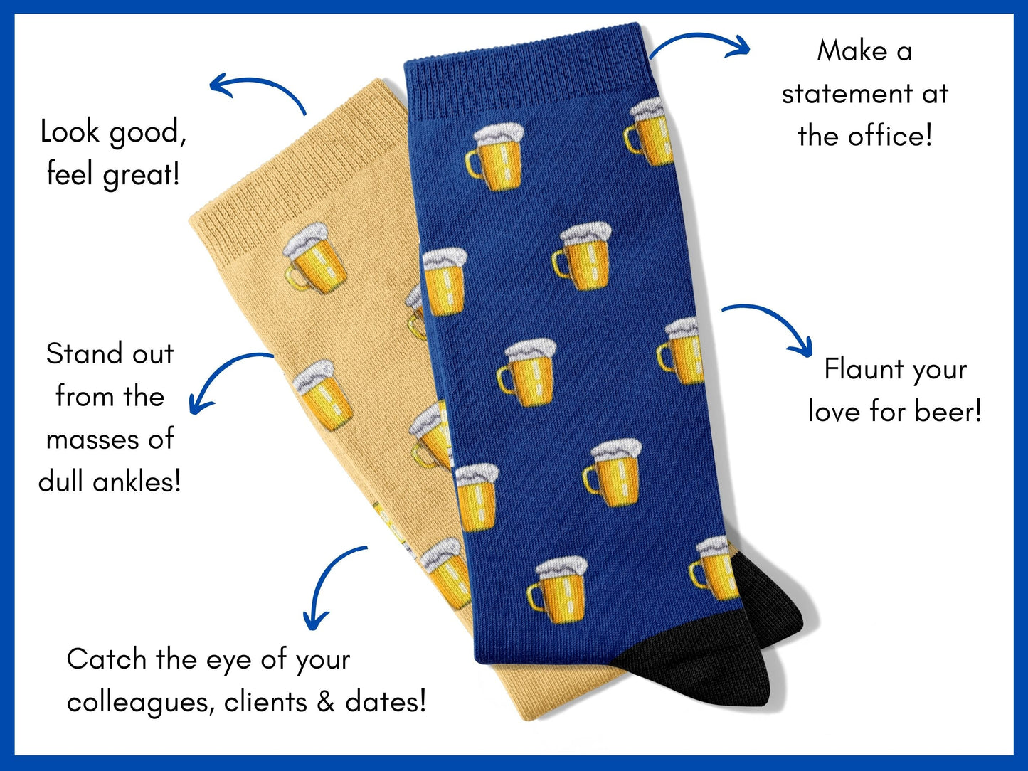 Happy Hour Beer Socks - Funny Party Socks for Dad - flatlay-benefits