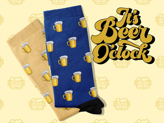 Happy Hour Beer Socks - Funny Party Socks for Dad - flatlay with text "It's Beer O'Clock"