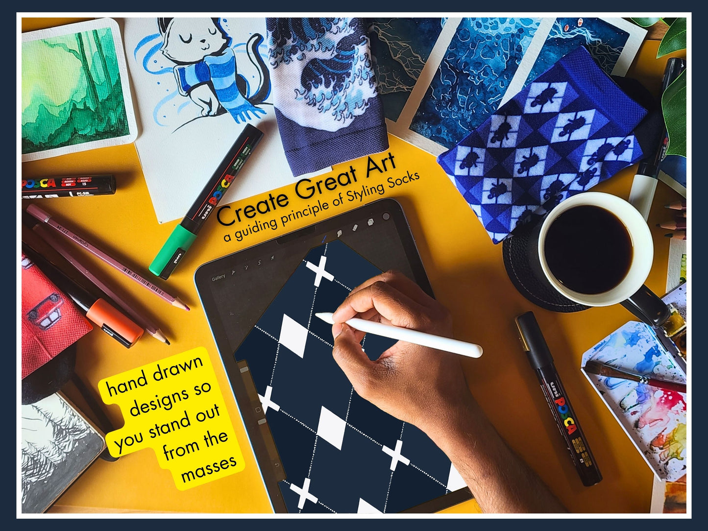 Black Argyle Socks artist hand drawing the sock design on a tablet