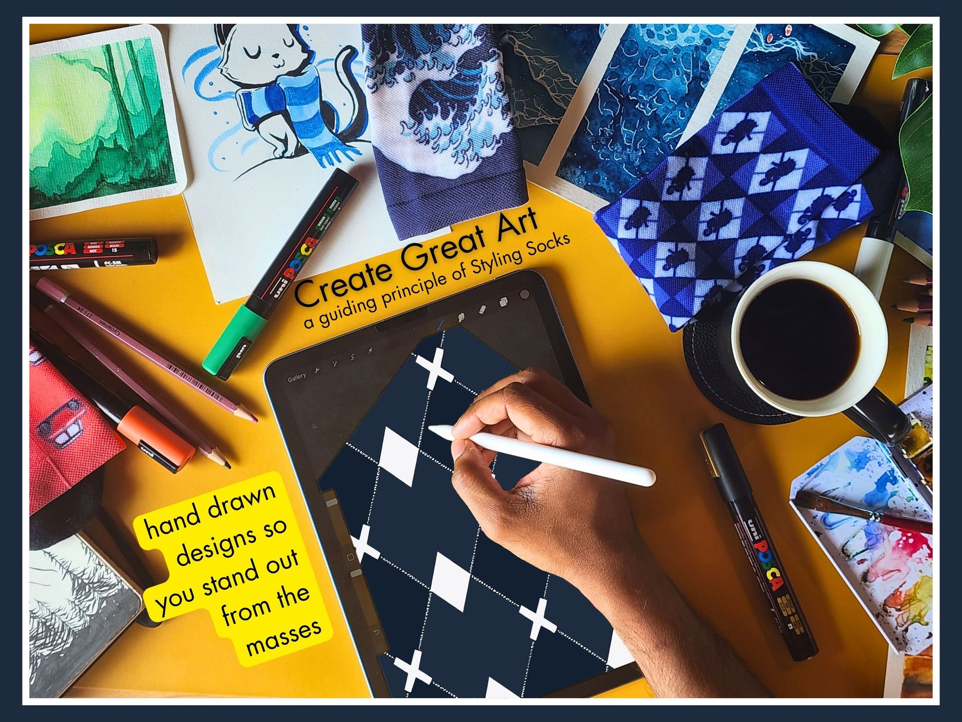 Black Argyle Socks artist hand drawing the sock design on a tablet
